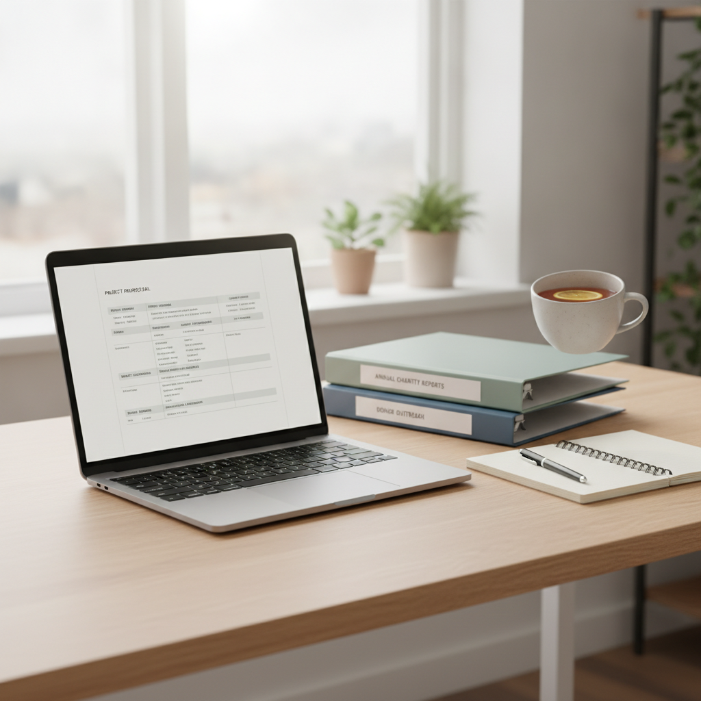 A professional workspace featuring a laptop displaying a structured grant proposal alongside organised non-profit reports and notes.