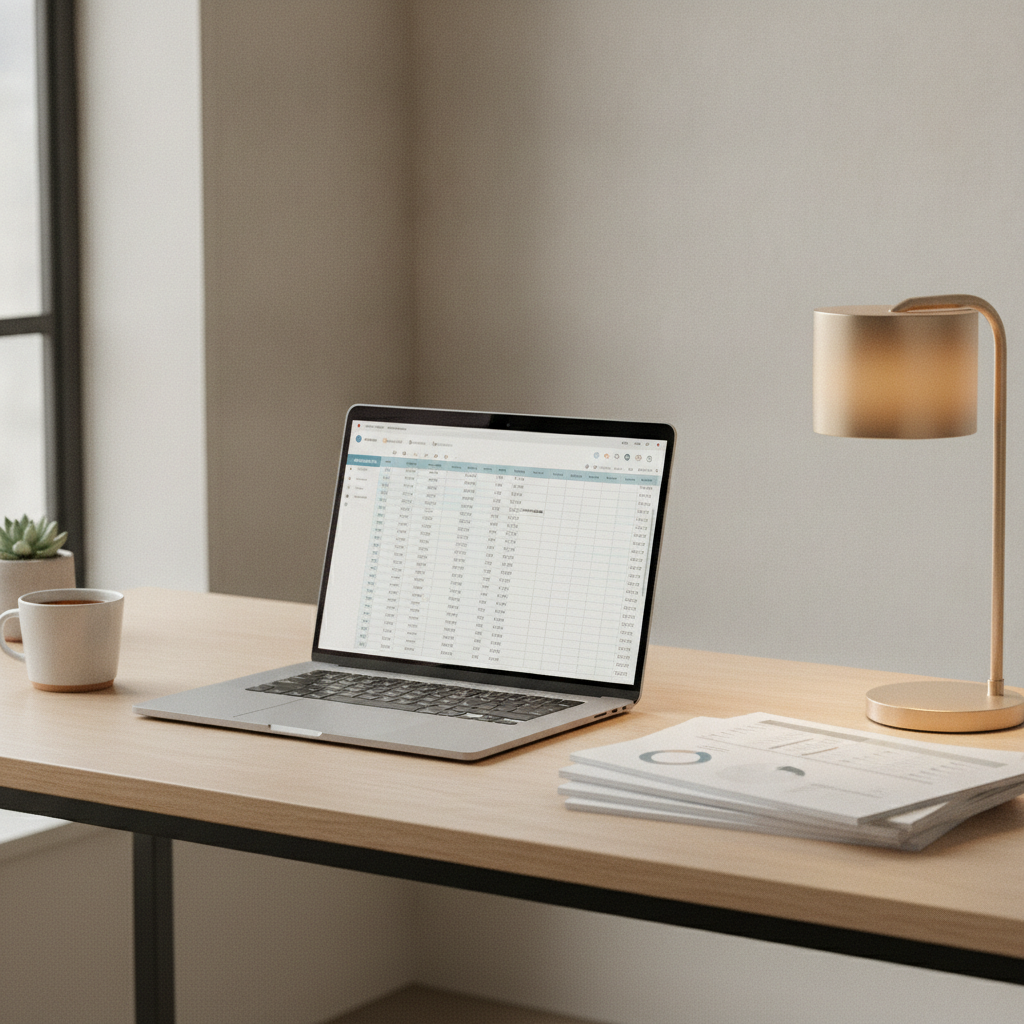 A clean desk setup showing a structured documentation audit spreadsheet on a laptop screen.