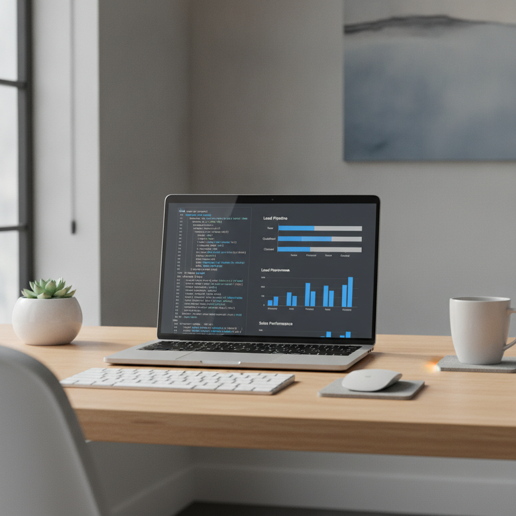 A modern workspace setup showing a sales lead qualification workflow and commercial performance data on a computer screen.