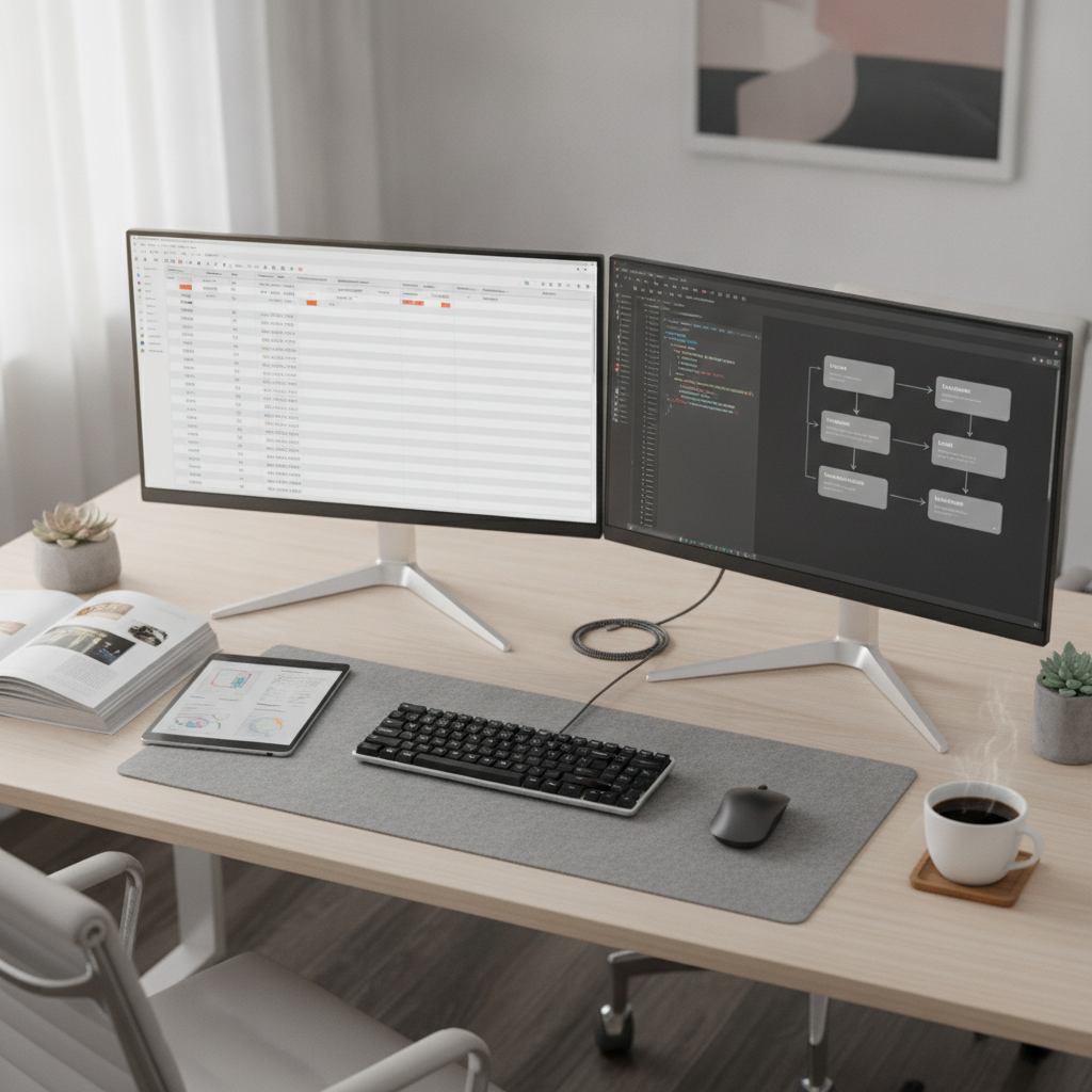 Professional workstation displaying data spreadsheets and structured product catalogue information on twin monitors.