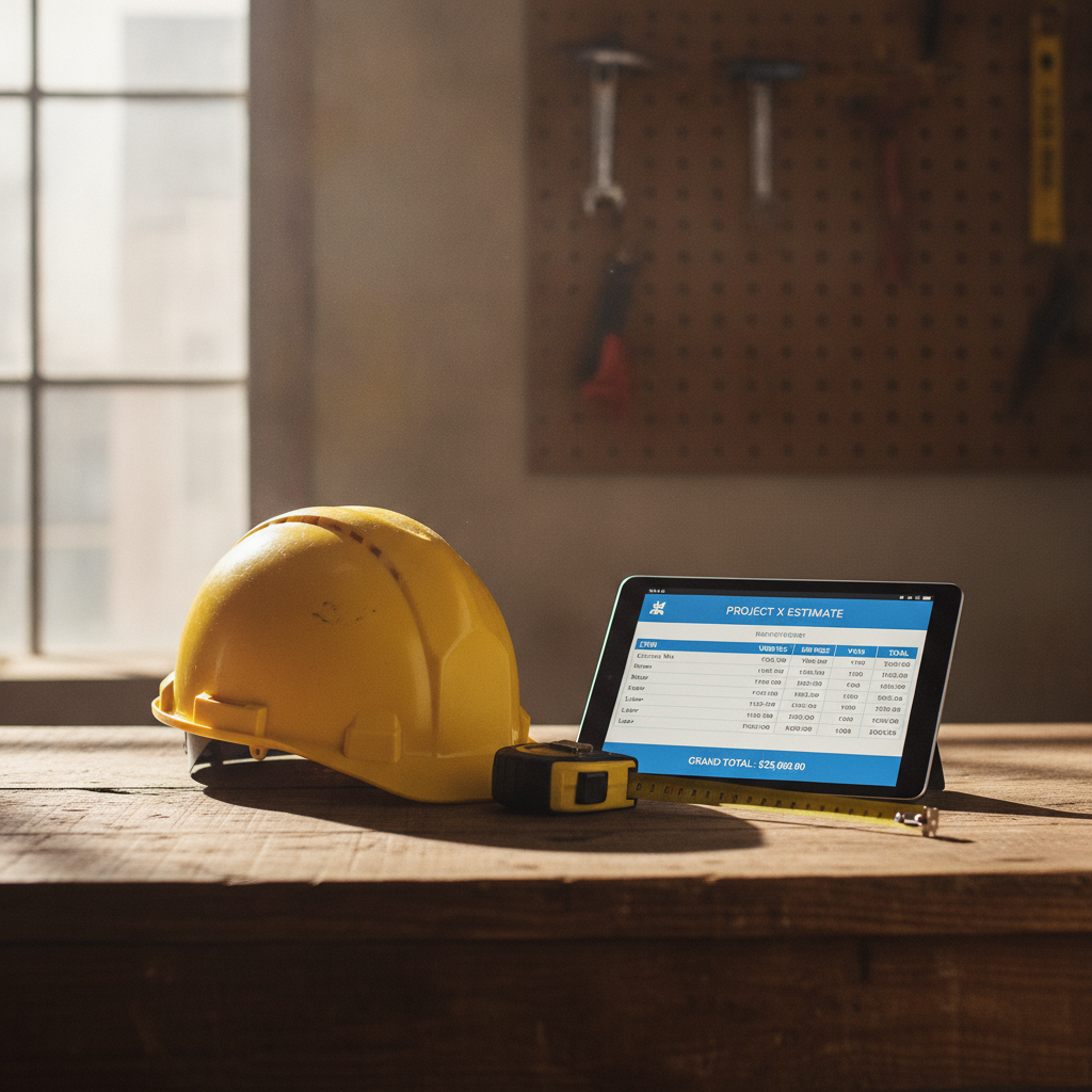 A contractor tablet displaying an automated quotation on a workshop bench alongside measuring equipment.