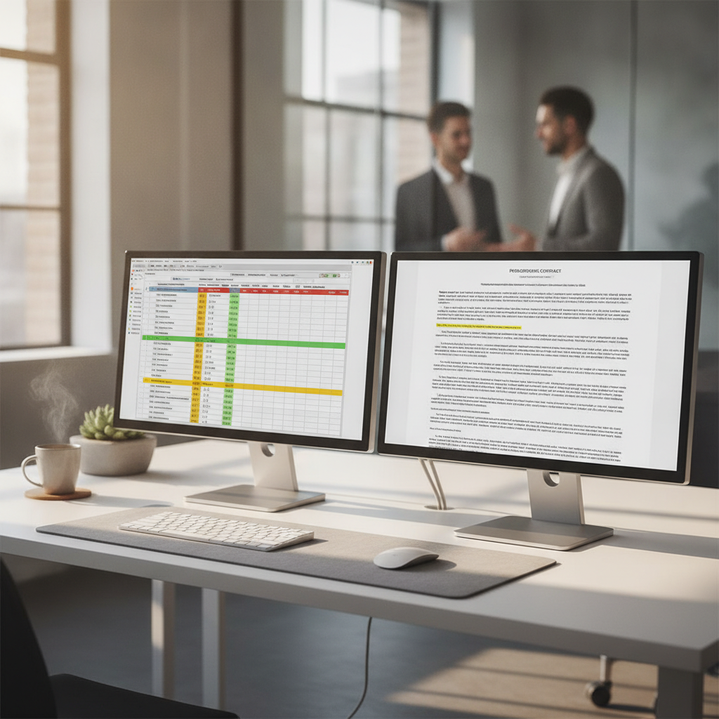 Dual monitors on an office desk showing an AI tender document shredding workflow and compliance matrix.