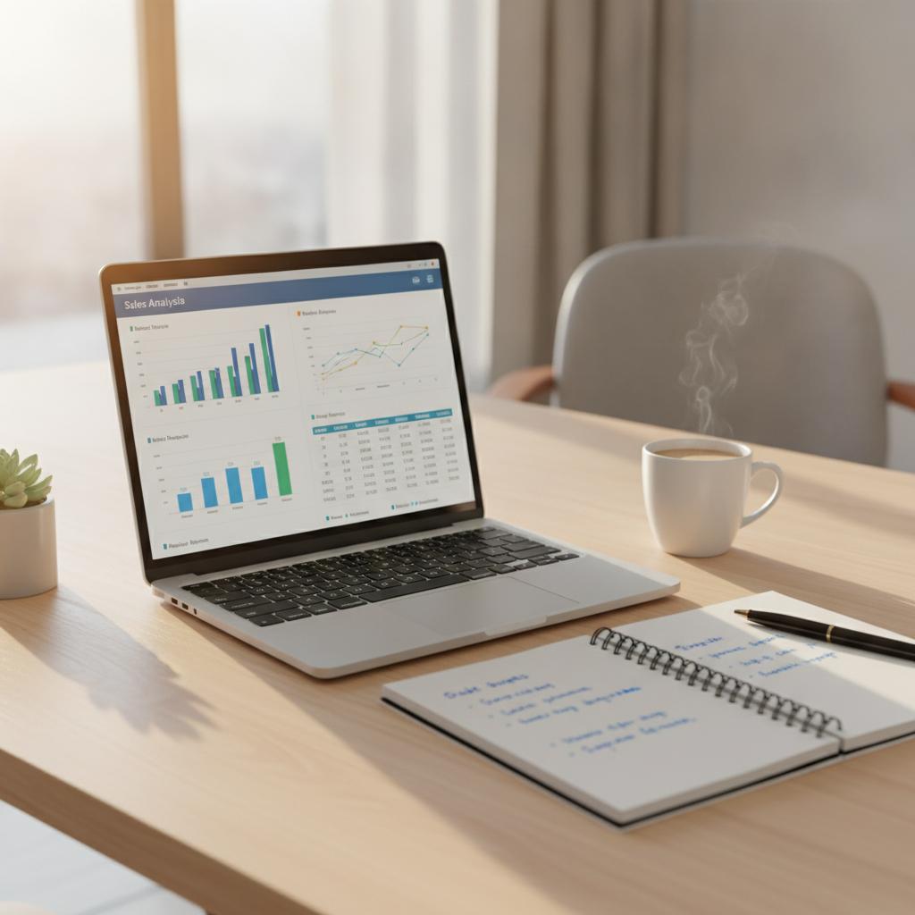 A professional workspace showing an AI-driven sales call analysis dashboard and executive reports on a laptop screen.