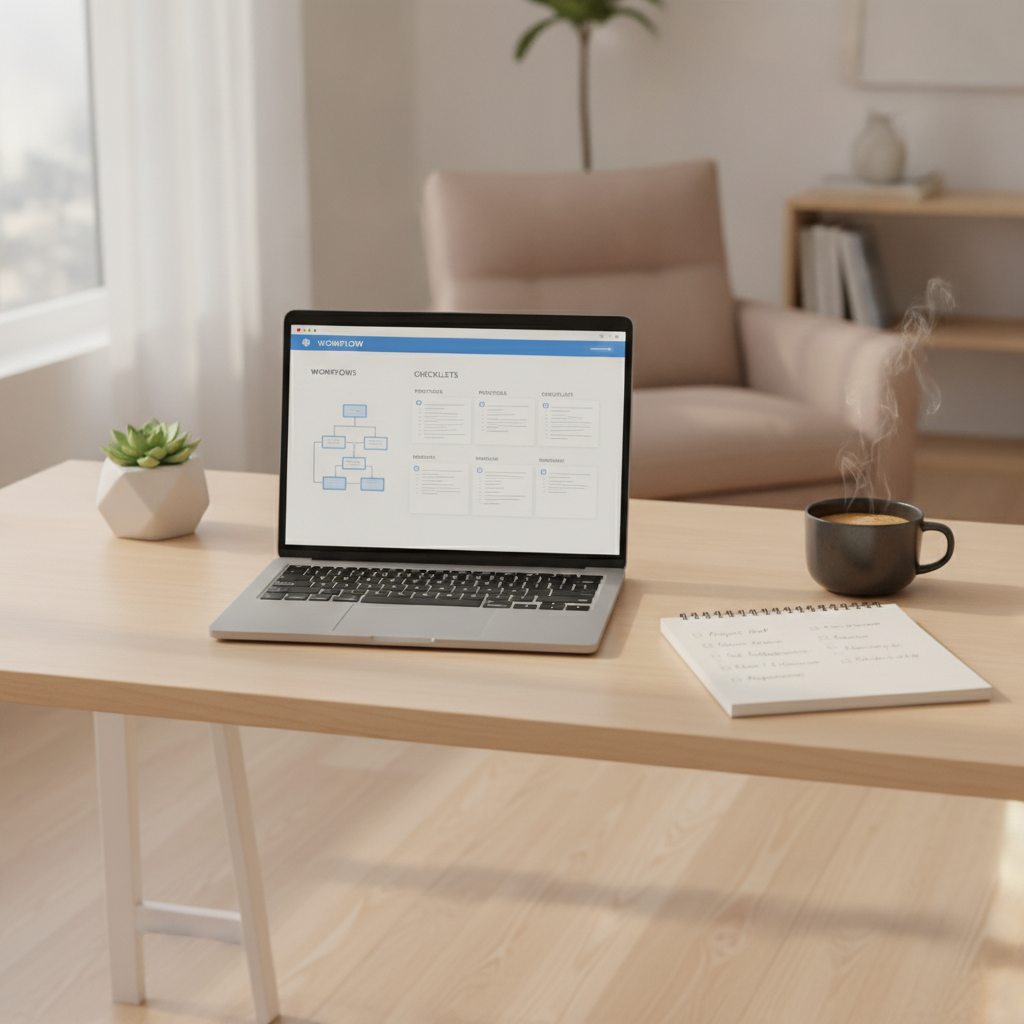 A clean desk workspace displaying digital documentation and operational checklists on a laptop