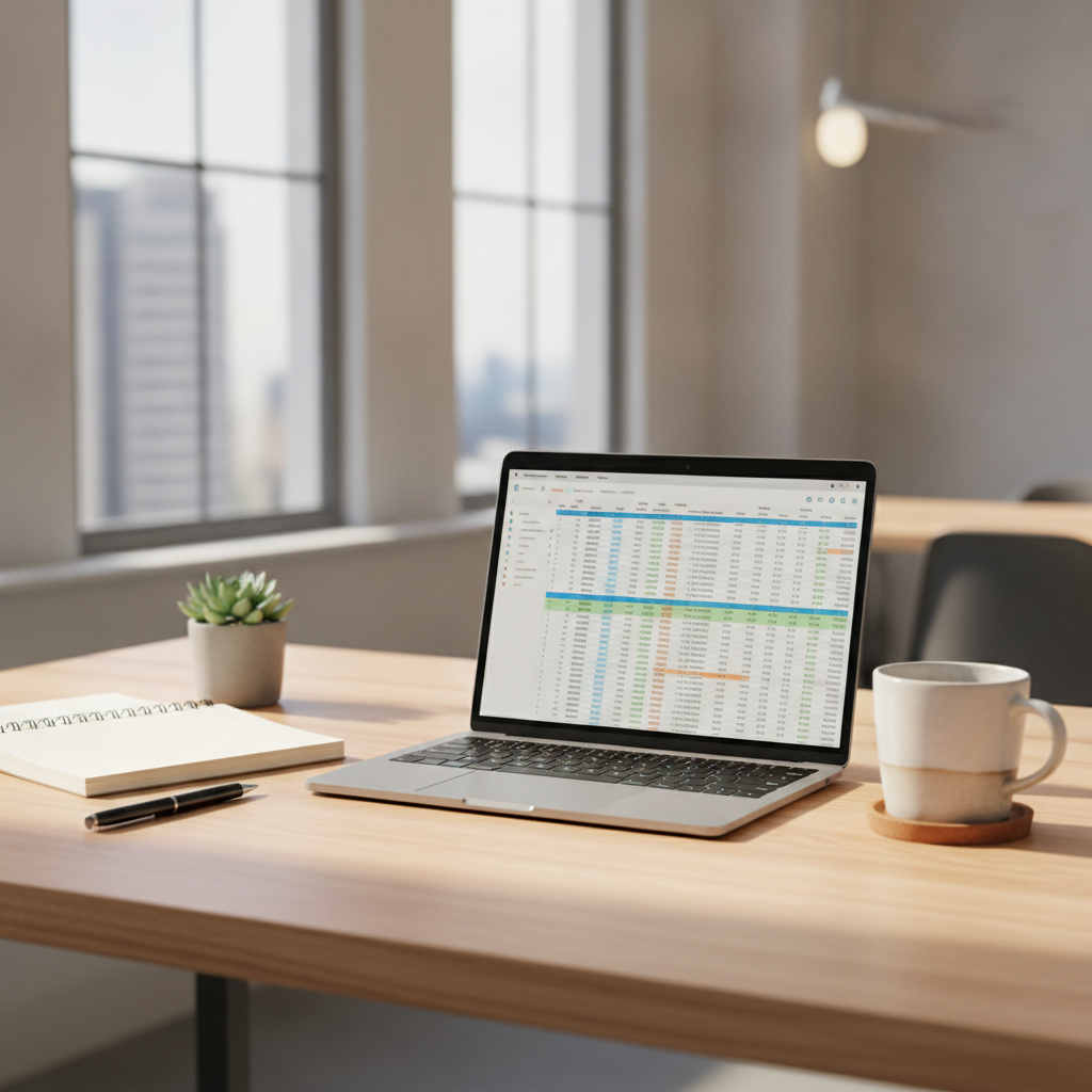 Laptop on a clean desk displaying organised spreadsheet columns and data migration tables.