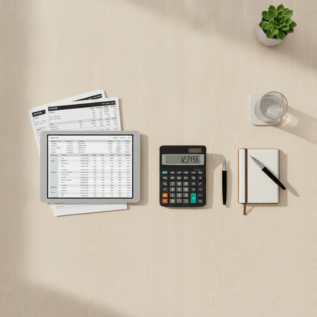 Professional desk setup with printed vendor invoices and a tablet showing structured reconciliation data.