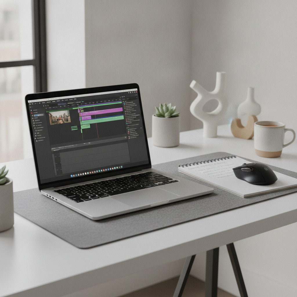 A professional modern desk setup with video editing software and AI workflow tools on a screen.
