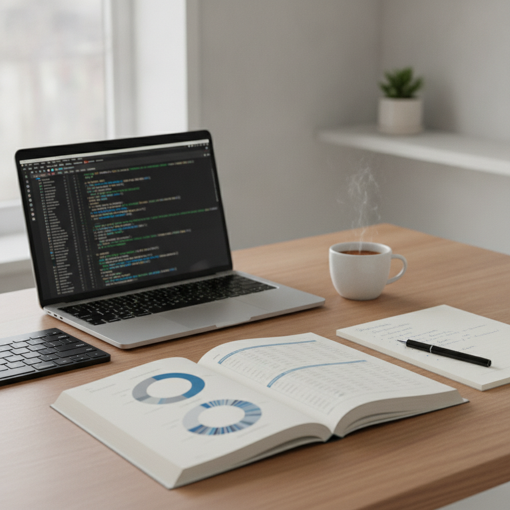 A researcher desk with an academic paper, open notebook, and laptop evaluating empirical methodology.