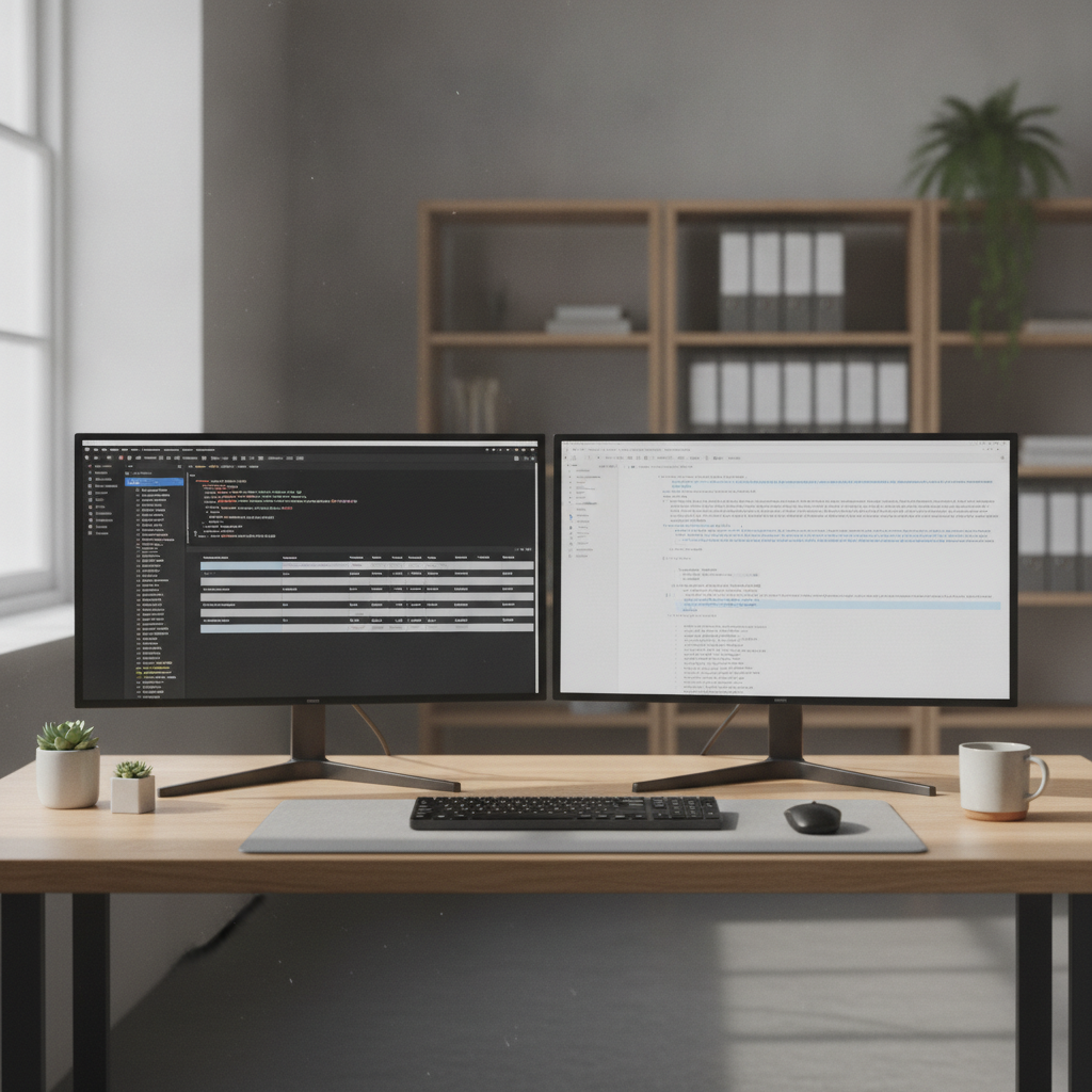 A modern workspace showing structured content editing and analytical citation data on desktop monitors.