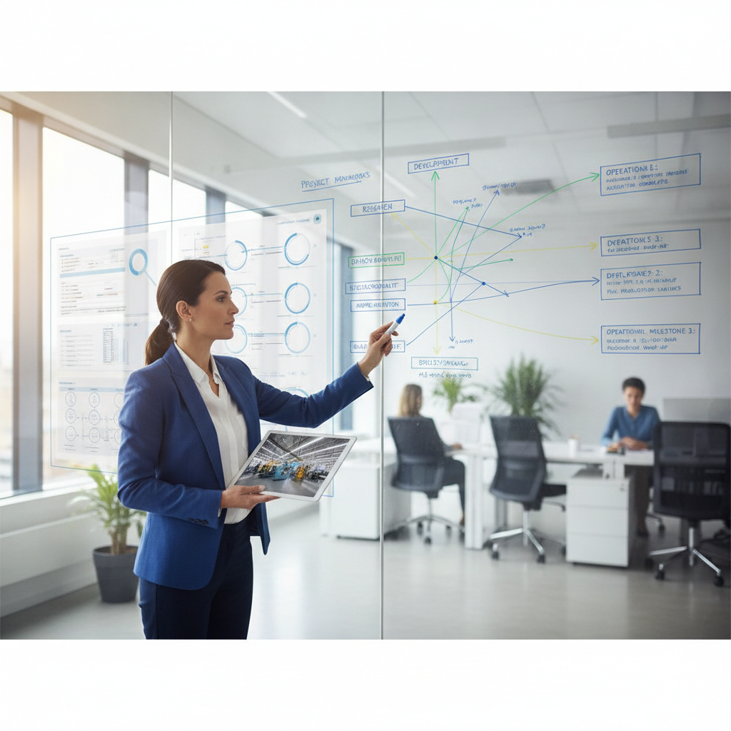 A professional analysing realistic project timelines and task allocations on an office whiteboard to balance automated tools with human verification.