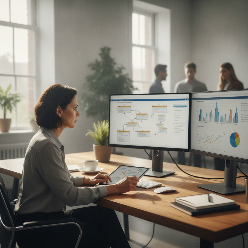 An operations professional reviewing automated workflow diagrams and task analysis charts on desktop monitors.