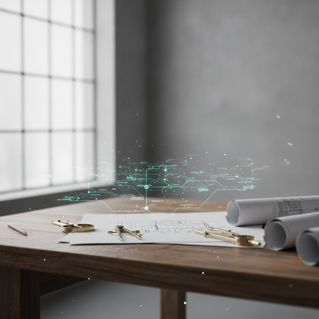 A detailed workbench with architectural tools and digital analytical diagrams illustrating the deconstruction of expert knowledge.