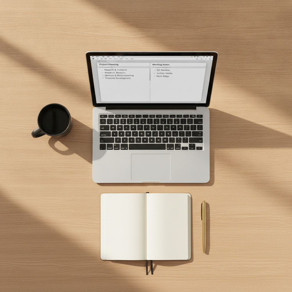 Top-down photograph of an organised work desk with a laptop displaying a structured weekly review plan, a notebook, and coffee