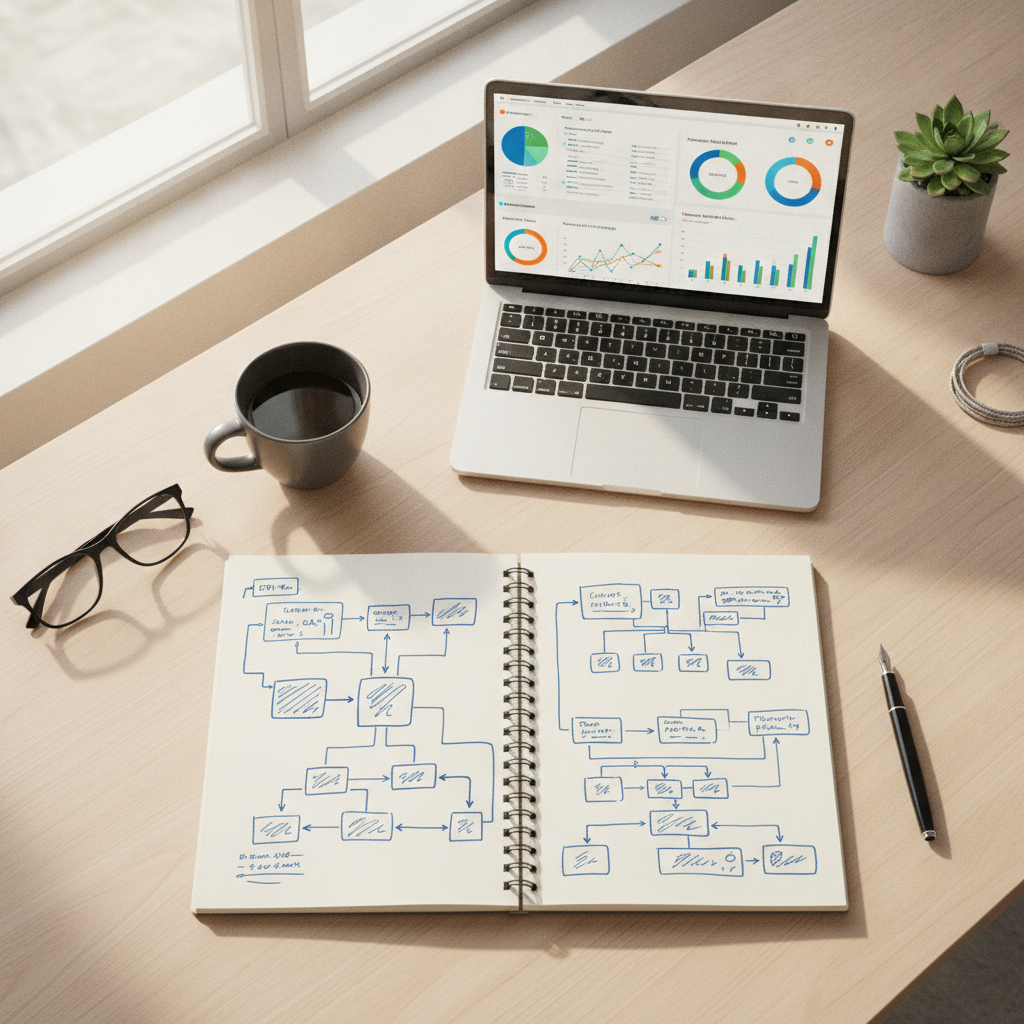 A clean, professional workspace layout showing business process planning and operational automation tools.