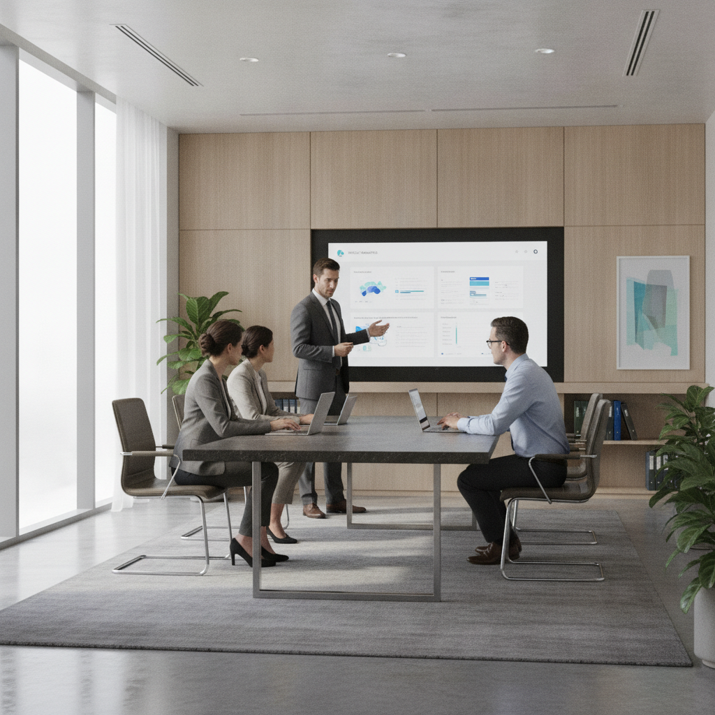 A technology consultant demonstrating an enterprise AI document assistant to law firm partners in a meeting room