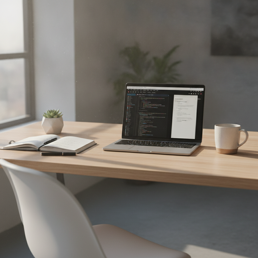 A clean desk workspace with a laptop displaying structured notes, an open journal, and morning light, representing an organised daily workflow.