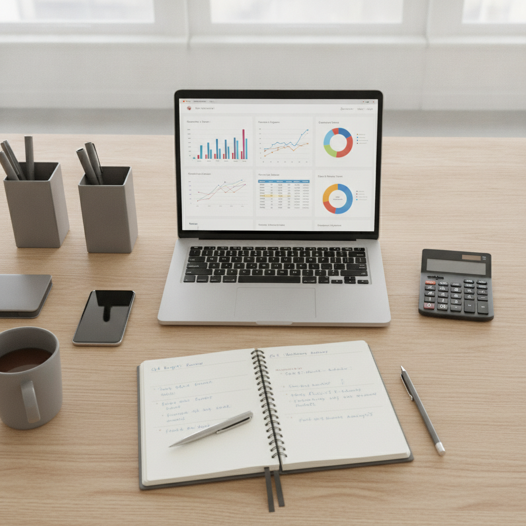 Top-down view of a modern workstation with a laptop showing financial software cost analytics, alongside a notebook and calculator.