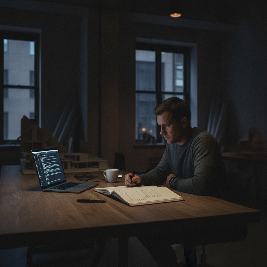 A professional sitting at an oak desk reviewing complex analytical notes beside a laptop in a modern study.