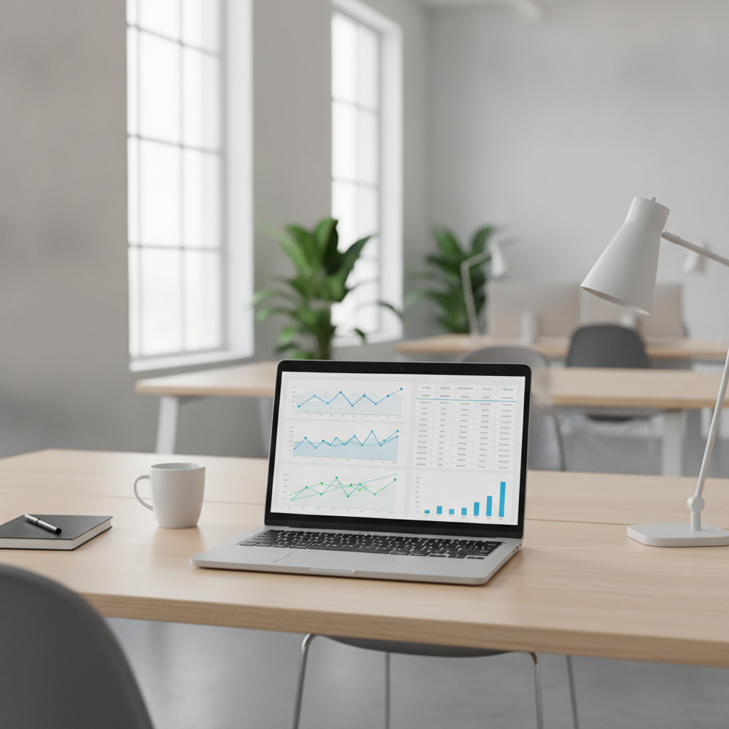 Modern laptop screen displaying technical performance tables and modular metrics for an enterprise case study.