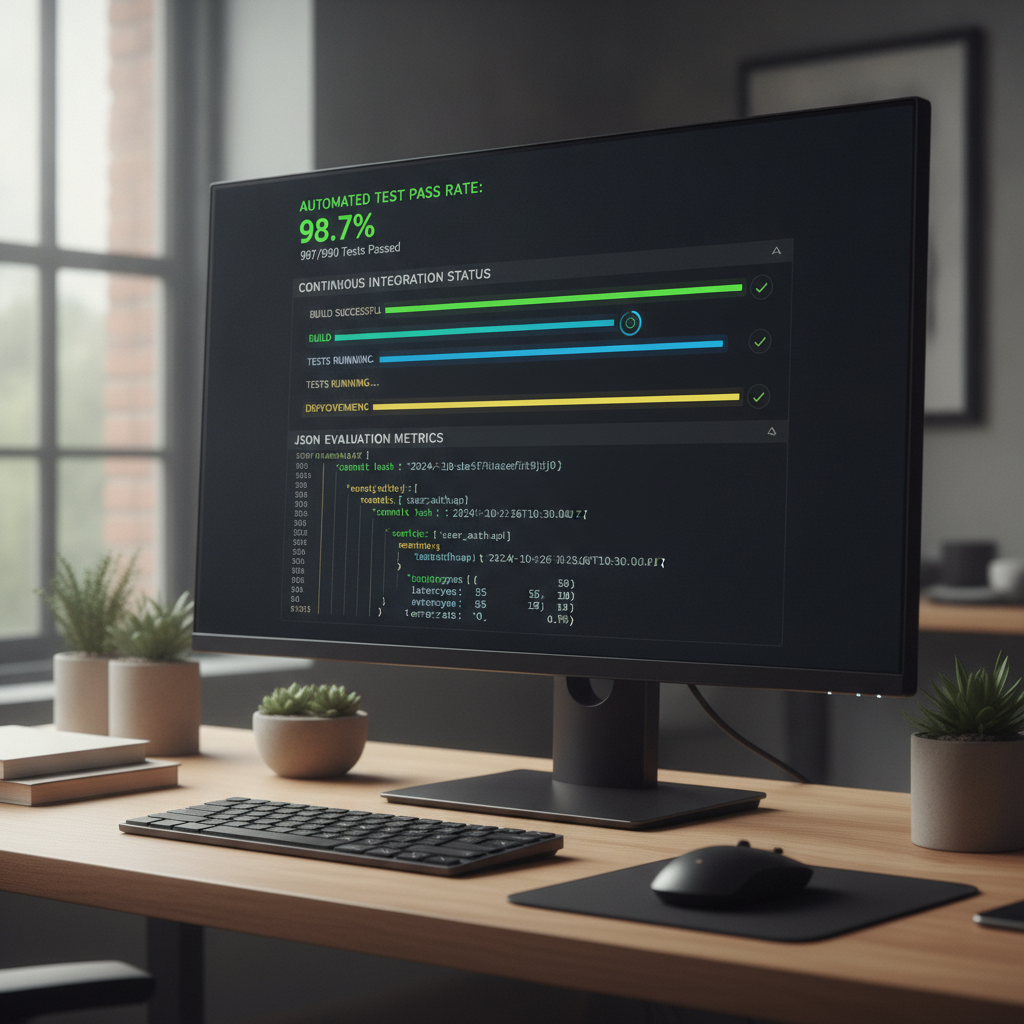 Software engineering interface showing continuous integration evaluation metrics and test scores for AI models.