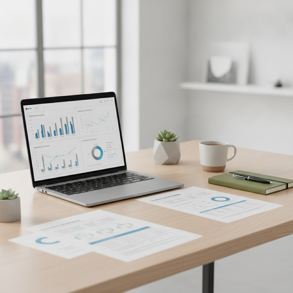 A professional desk setup showing structured data tables on a laptop screen and research notes laid out for search engine optimisation.