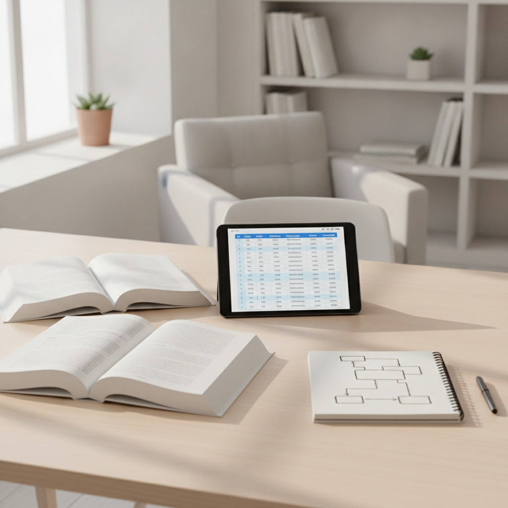 A tidy study desk showing comparative academic papers, a tablet with research tables, and handwritten study notes.