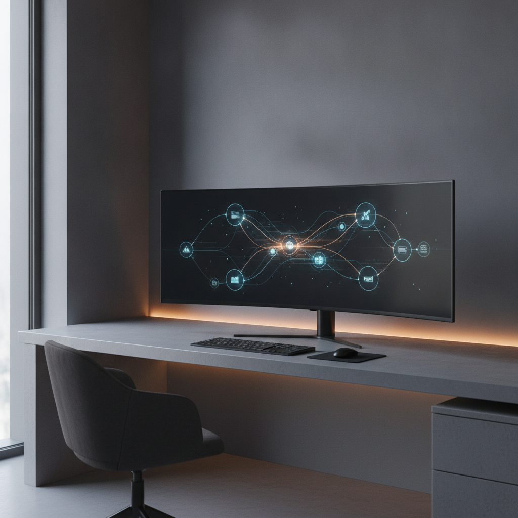 A digital concept visualization showing connected semantic nodes and entity relationships on a wide monitor in a clean office setting.
