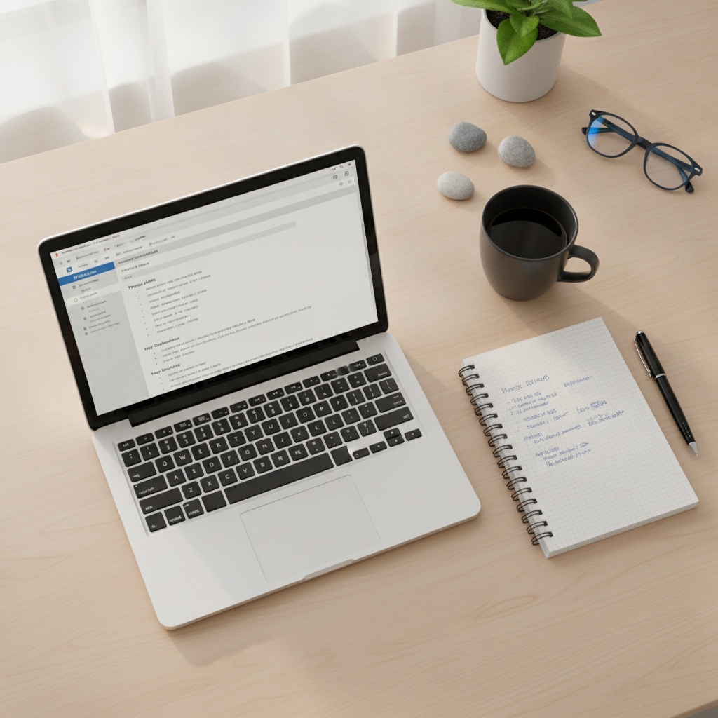 Top-down view of an organised desk with a laptop showing a clean project brief next to handwritten scratch notes.