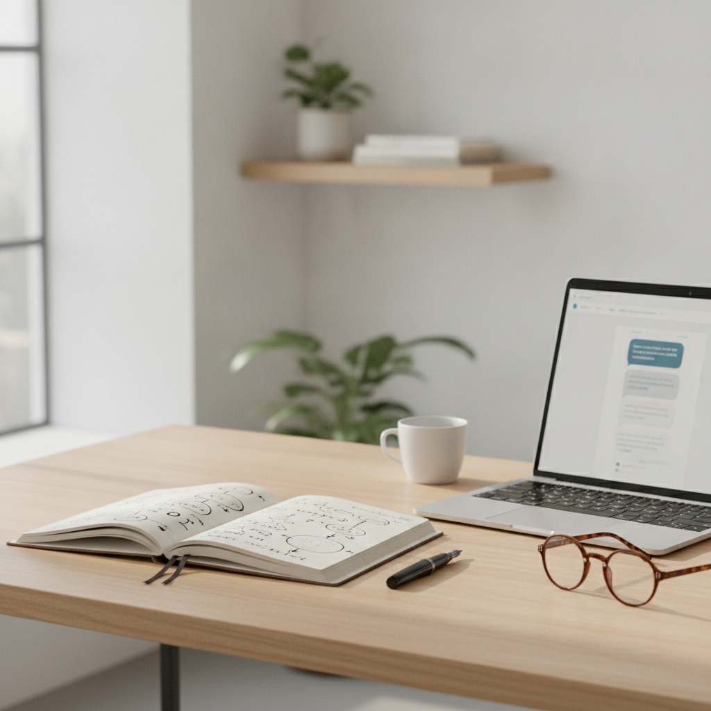 An organised study environment featuring an open notes ledger and a laptop configured for focused technical learning.