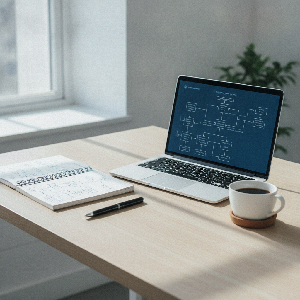 Minimalist workspace with a notebook, pen, and laptop displaying industry analysis diagrams under natural morning light.