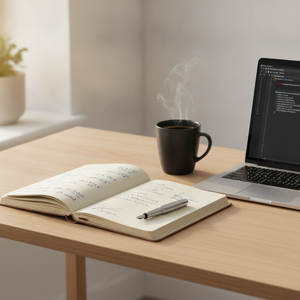 A focused technical study desk with a paper notebook containing complex mathematical derivations beside an open laptop.