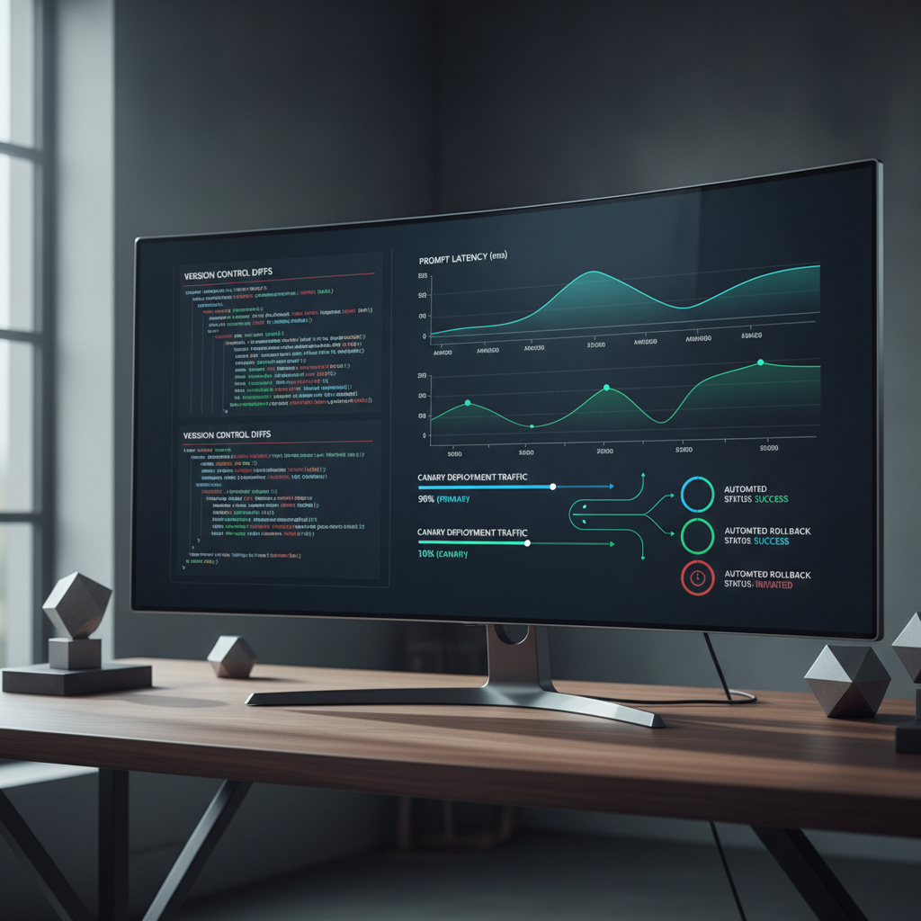 Software engineering dashboard displaying prompt versioning metrics, canary release traffic distribution, and automated rollback controls.