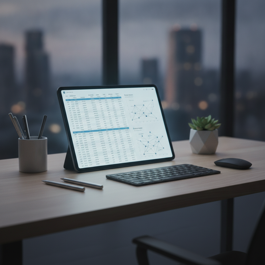 Tablet on a modern desk showing structured data tables and generative engine citation pathways.