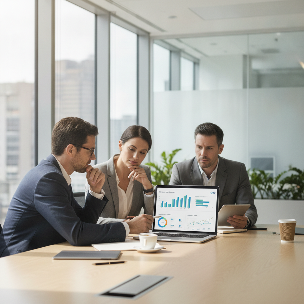 Business professionals reviewing a laptop screen showing an enterprise software seat utilisation and licensing dashboard.