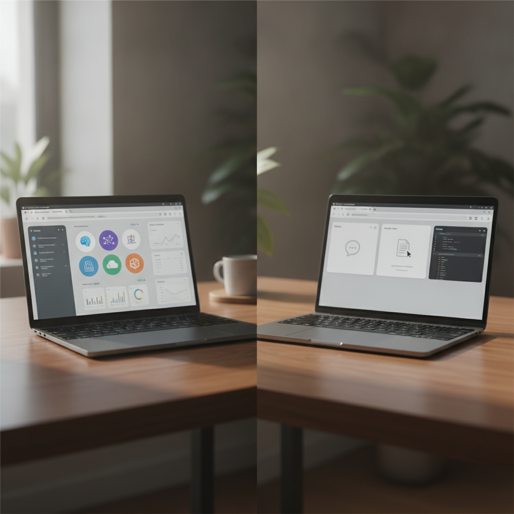 A professional desk setup comparing a multi-model AI aggregator dashboard on one laptop screen with individual foundation model browser tabs on another.