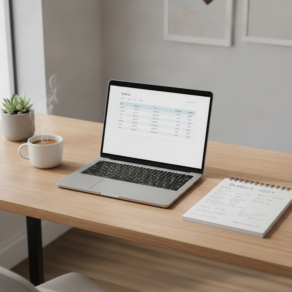 A home workspace with a laptop showing software pricing and a notebook with calculated subscription figures.