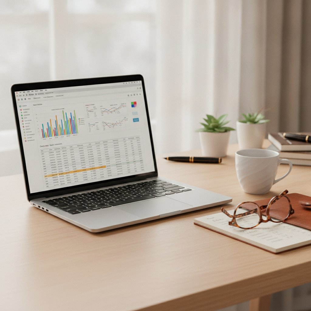 A desk setup with an open financial spreadsheet on a laptop, a budget notebook, and reading glasses illustrating personal financial planning.