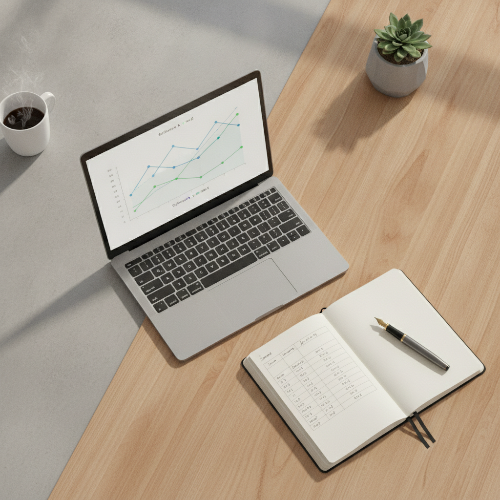 A desk with a laptop displaying software pricing comparison metrics next to a notebook showing cost calculations.