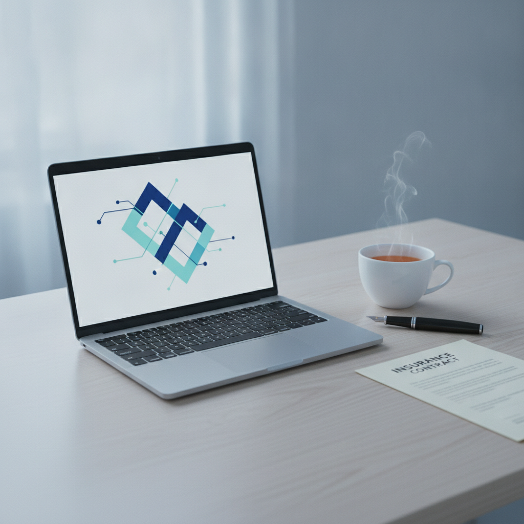 A modern desk with a laptop, stationery, and financial insurance documents in clean morning lighting.