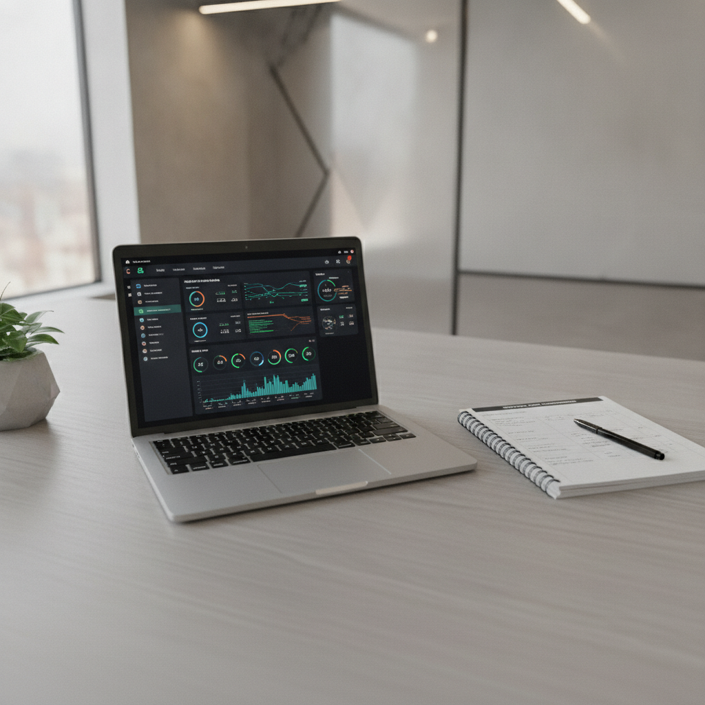 Clean desktop workspace showing an AI cost calculation worksheet alongside an open laptop display