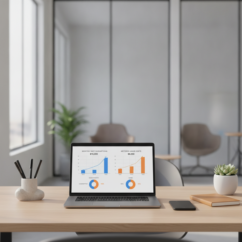 Laptop screen displaying financial comparison graphs between per-seat software licences and usage-based AI billing.