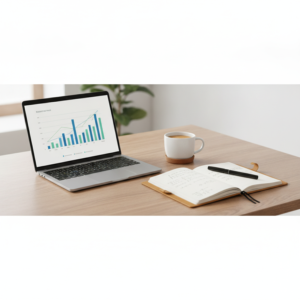 A modern workspace setup with a laptop displaying financial charts beside a notebook and pen.