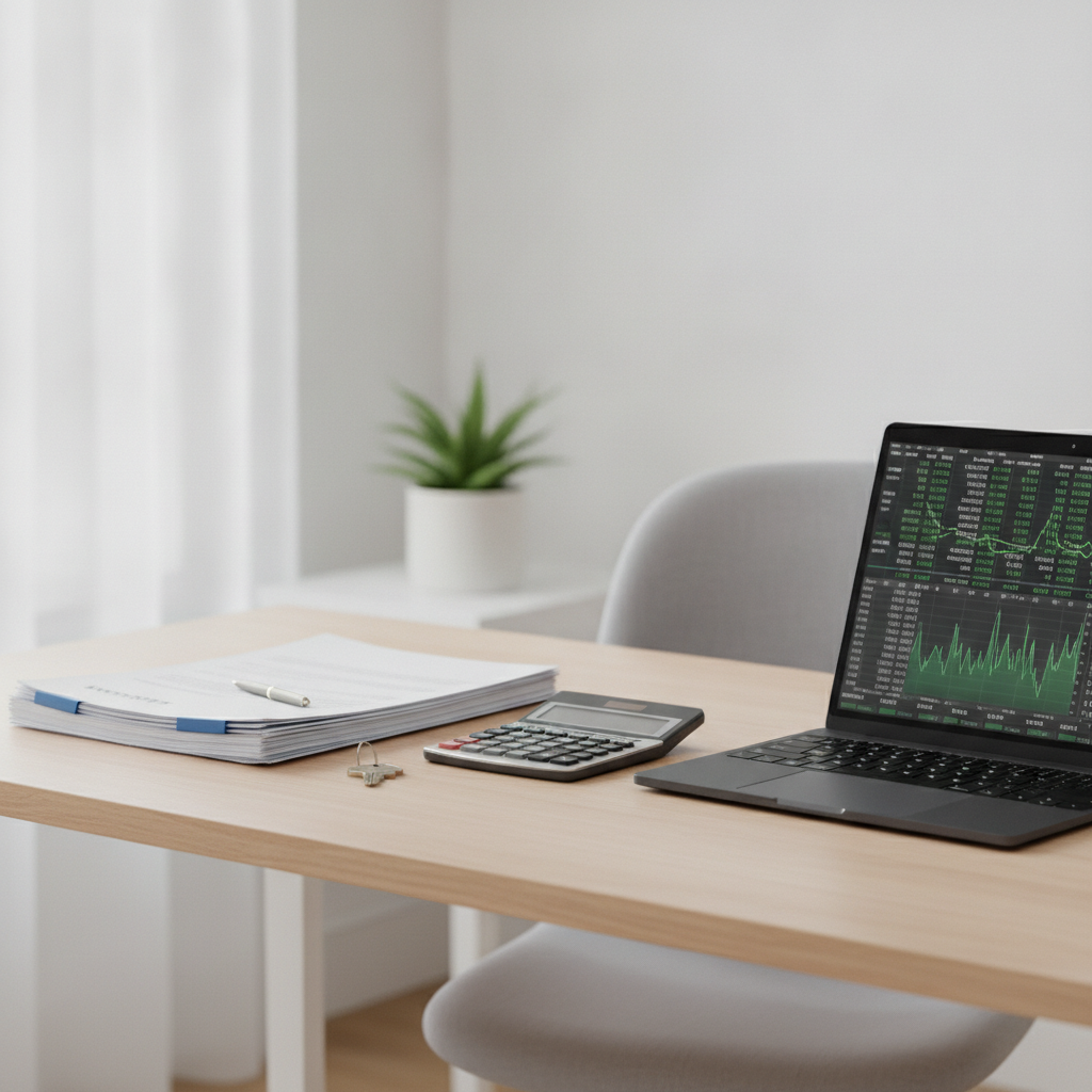 Mortgage documents and calculator on a wooden desk highlighting financial decisions during career disruption.