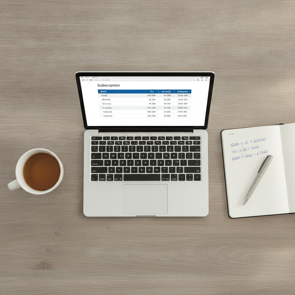 Top-down view of an office workspace with a laptop comparing annual and monthly software subscriptions alongside financial notes.