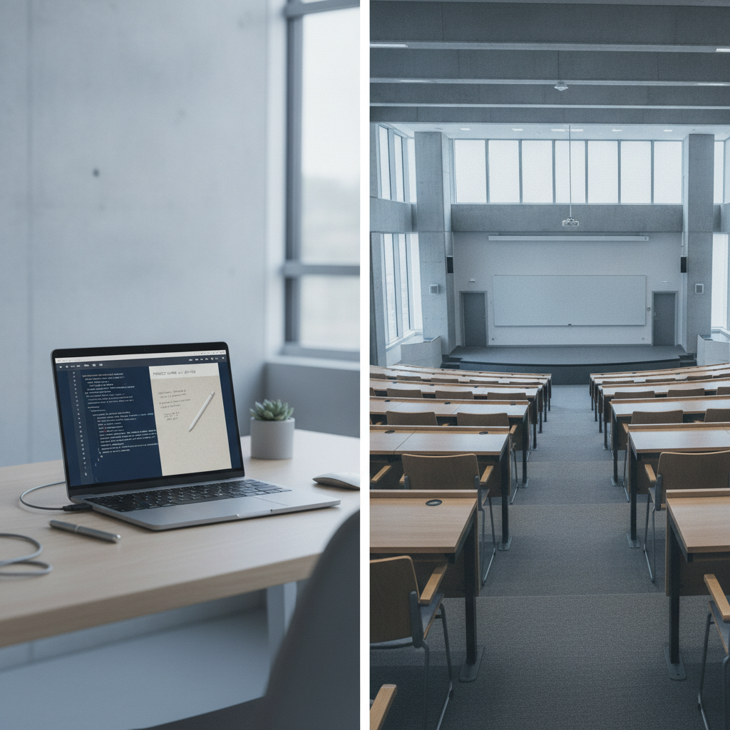 Split view of a modern desk with a laptop and an empty traditional university lecture hall.