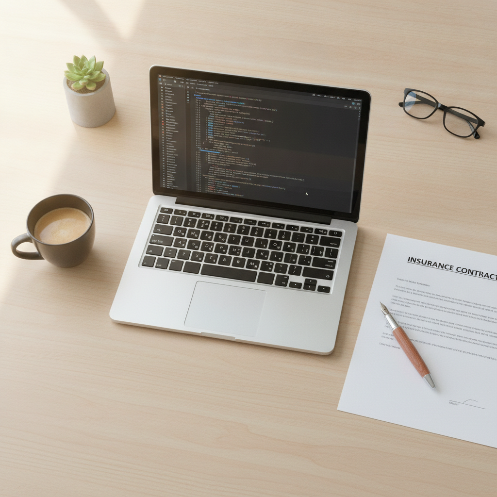 A professional home office desk showing an open laptop and commercial insurance documents.