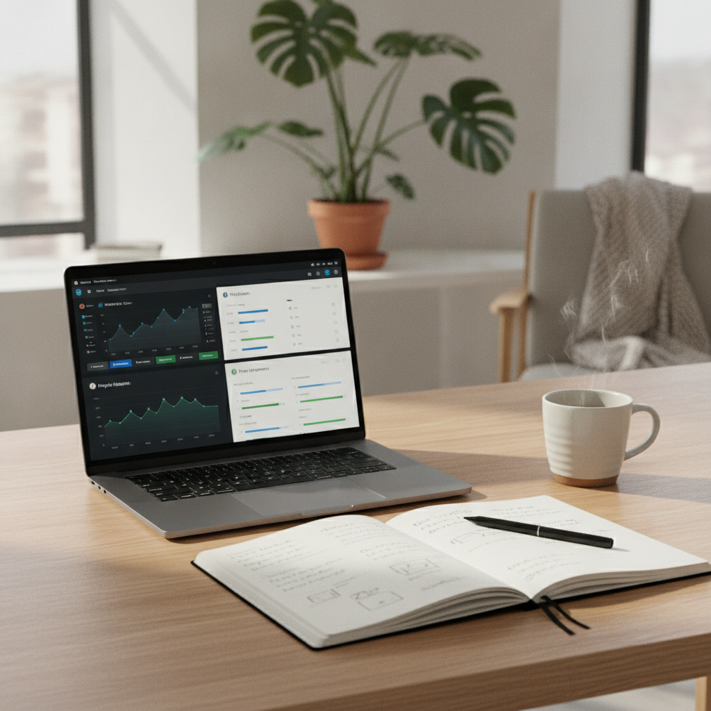 A clean office desk with a laptop comparing software interfaces alongside an open notepad.