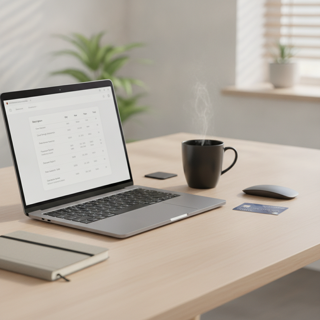 A modern workspace showing a laptop screen with software subscription fees next to a personal bank card and notebook.