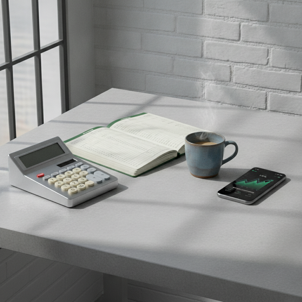 A structured personal finance desk setup showing a physical ledger, calculator, and cash flow balance tools.