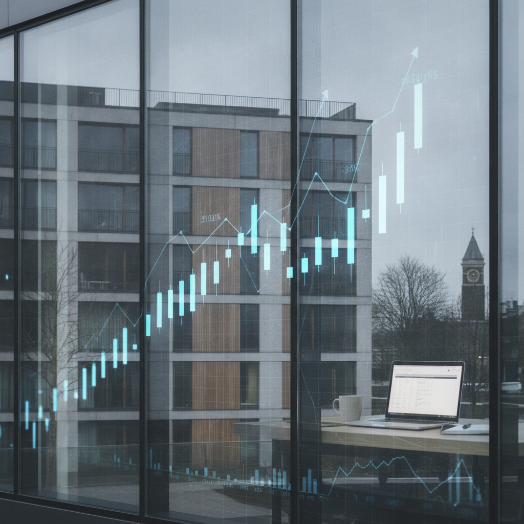A view of modern residential housing alongside a workspace with financial documents comparing renting and buying